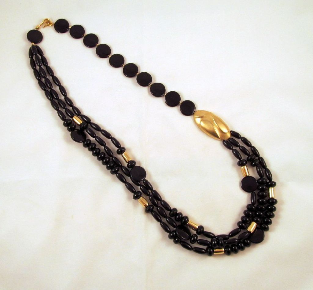 Asymmetrical Trifari Black Gold Necklace Plastic Beads Asymmetrical Trifari Black Gold Necklace Plastic Beads