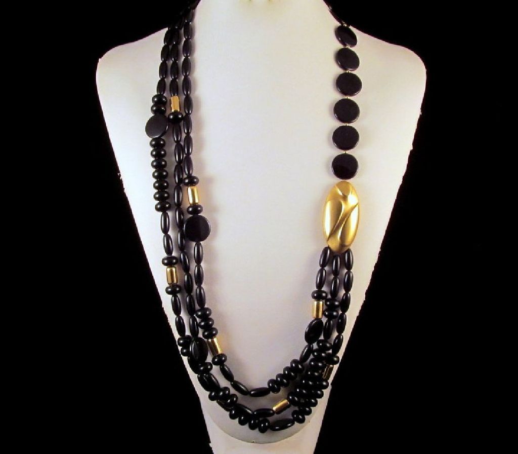 Asymmetrical Trifari Black Gold Necklace Plastic Beads Asymmetrical Trifari Black Gold Necklace Plastic Beads