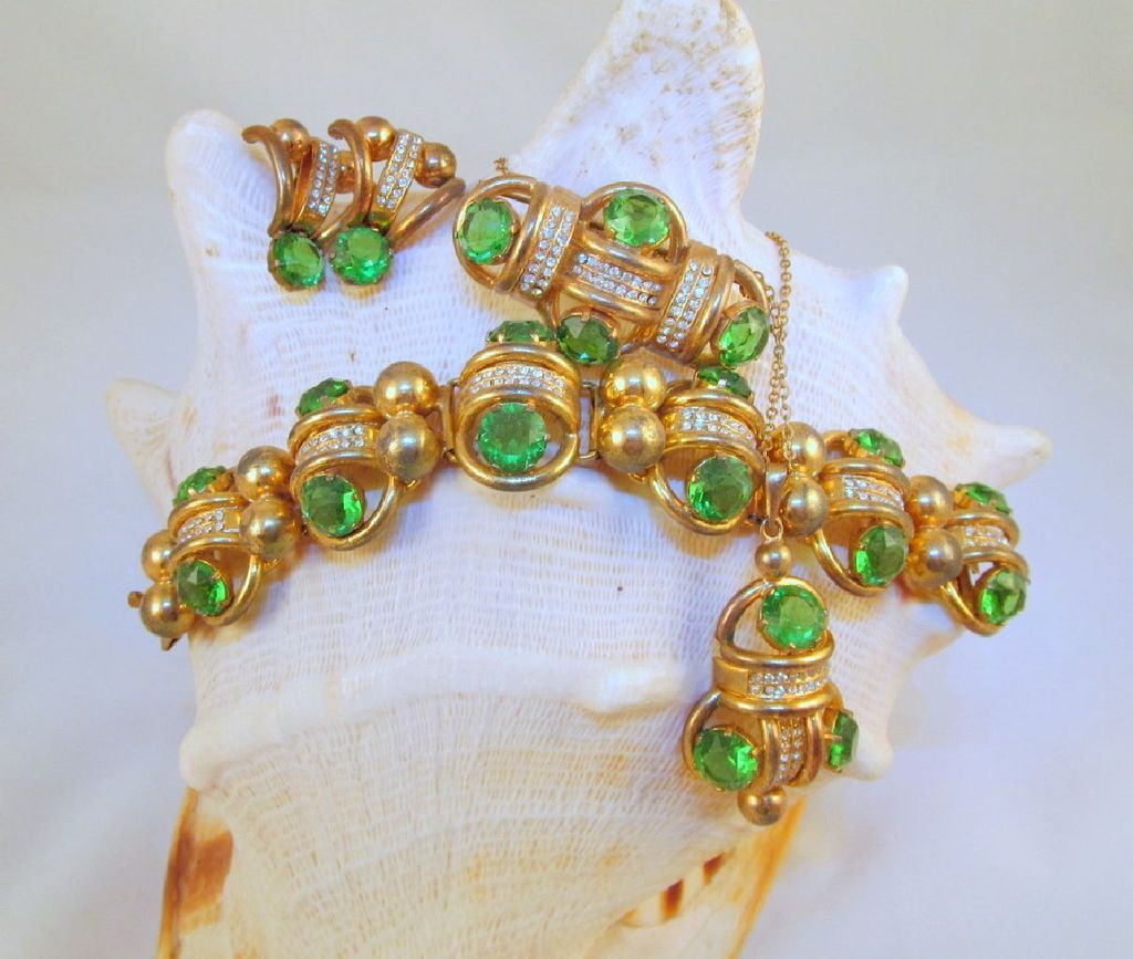 Green Rhinestone Czech Art Deco Full Parure Green Rhinestone Czech Art Deco Full Parure