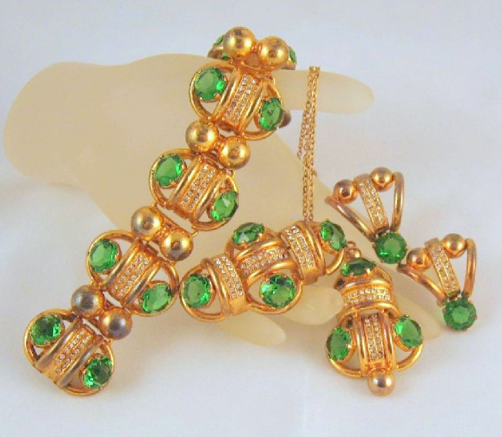 Green Rhinestone Czech Art Deco Full Parure Green Rhinestone Czech Art Deco Full Parure
