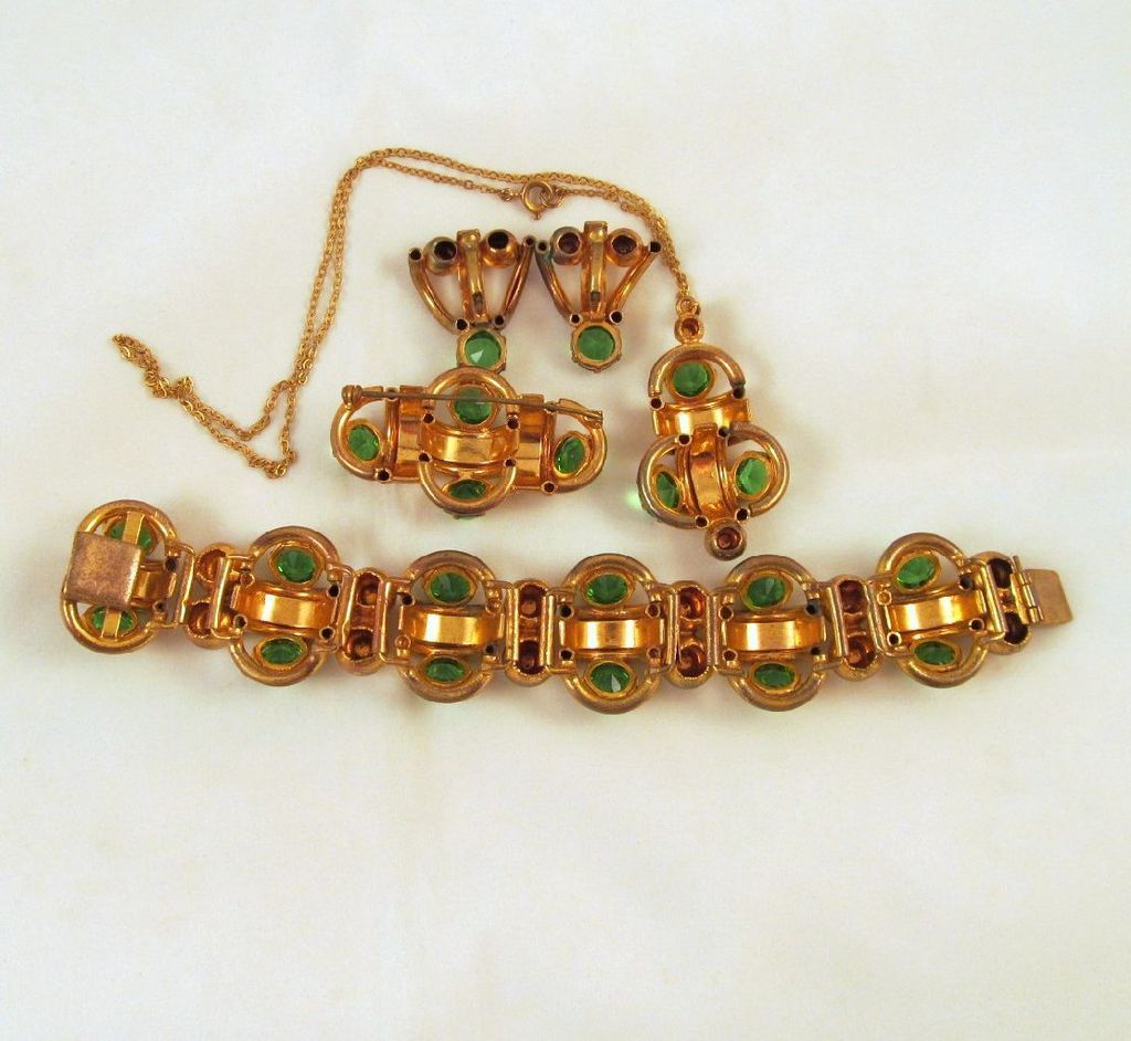 Green Rhinestone Czech Art Deco Full Parure Green Rhinestone Czech Art Deco Full Parure
