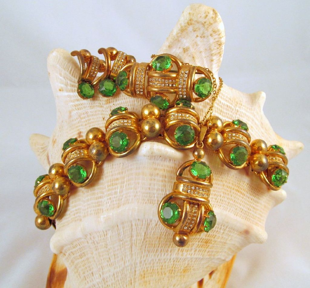 Green Rhinestone Czech Art Deco Full Parure Green Rhinestone Czech Art Deco Full Parure