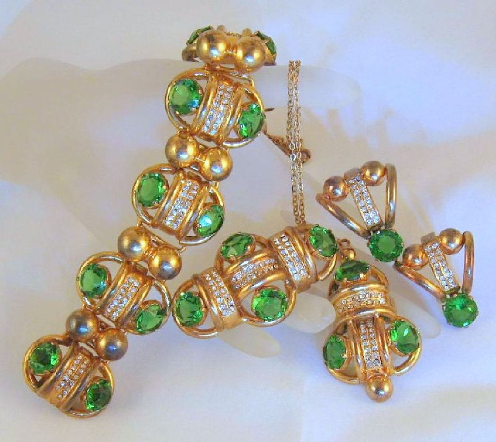 Green Rhinestone Czech Art Deco Full Parure Green Rhinestone Czech Art Deco Full Parure