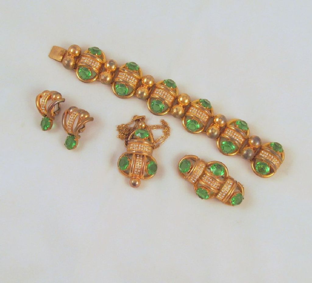 Green Rhinestone Czech Art Deco Full Parure Green Rhinestone Czech Art Deco Full Parure