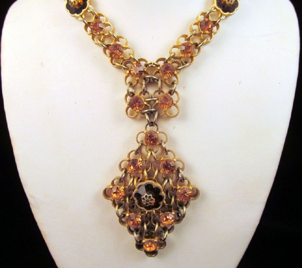 Etruscan Revival Topaz Citrine Rhinestone Necklace Gold-tone Etruscan Revival Topaz Citrine Rhinestone Necklace Gold-tone
