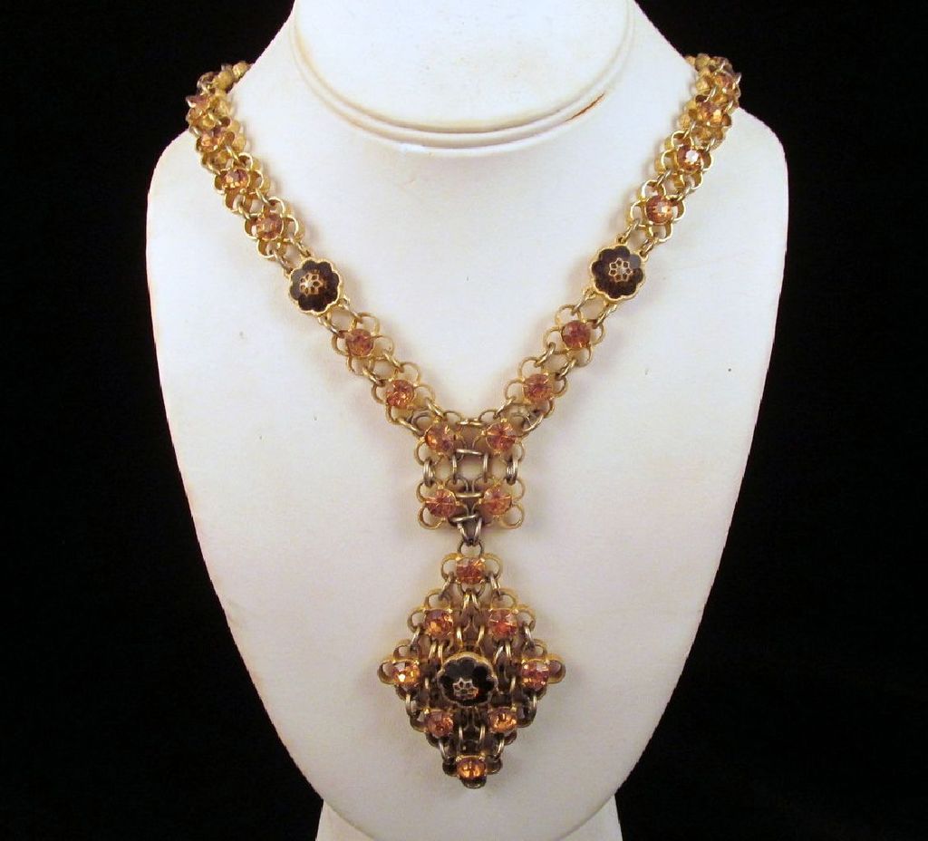 Etruscan Revival Topaz Citrine Rhinestone Necklace Gold-tone Etruscan Revival Topaz Citrine Rhinestone Necklace Gold-tone