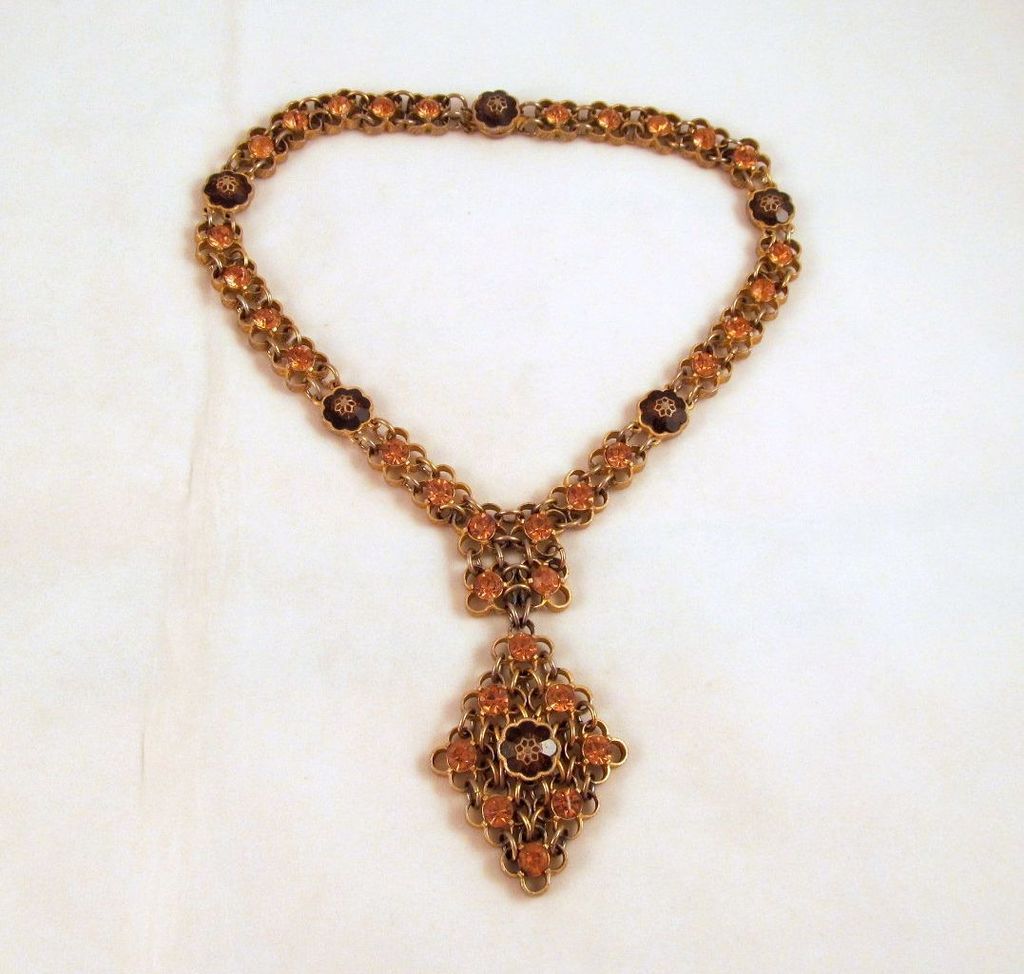 Etruscan Revival Topaz Citrine Rhinestone Necklace Gold-tone Etruscan Revival Topaz Citrine Rhinestone Necklace Gold-tone