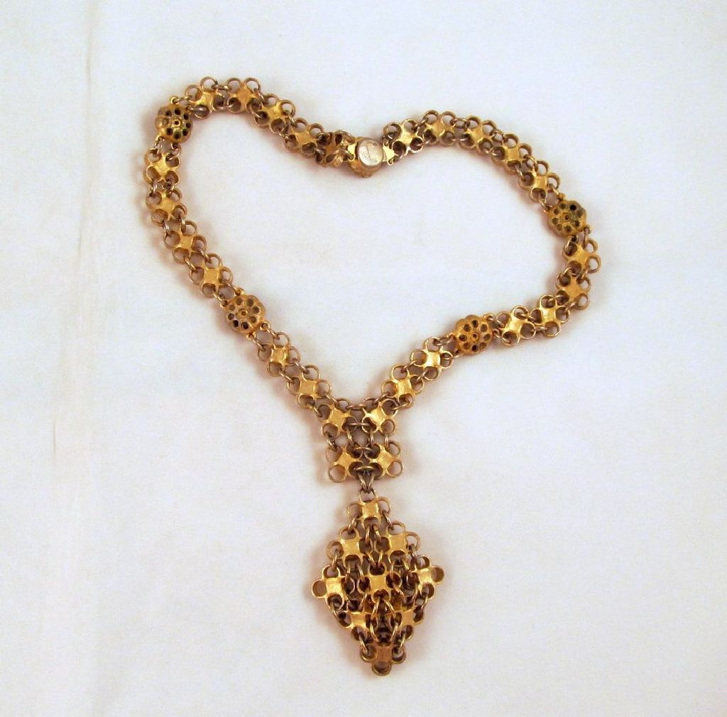 Etruscan Revival Topaz Citrine Rhinestone Necklace Gold-tone Etruscan Revival Topaz Citrine Rhinestone Necklace Gold-tone