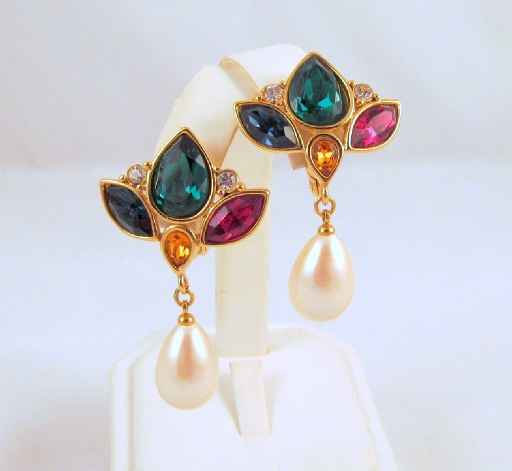 Monet Rhinestone Faux Pearl Earrings Christmas Colors Monet Rhinestone Faux Pearl Earrings Christmas Colors
