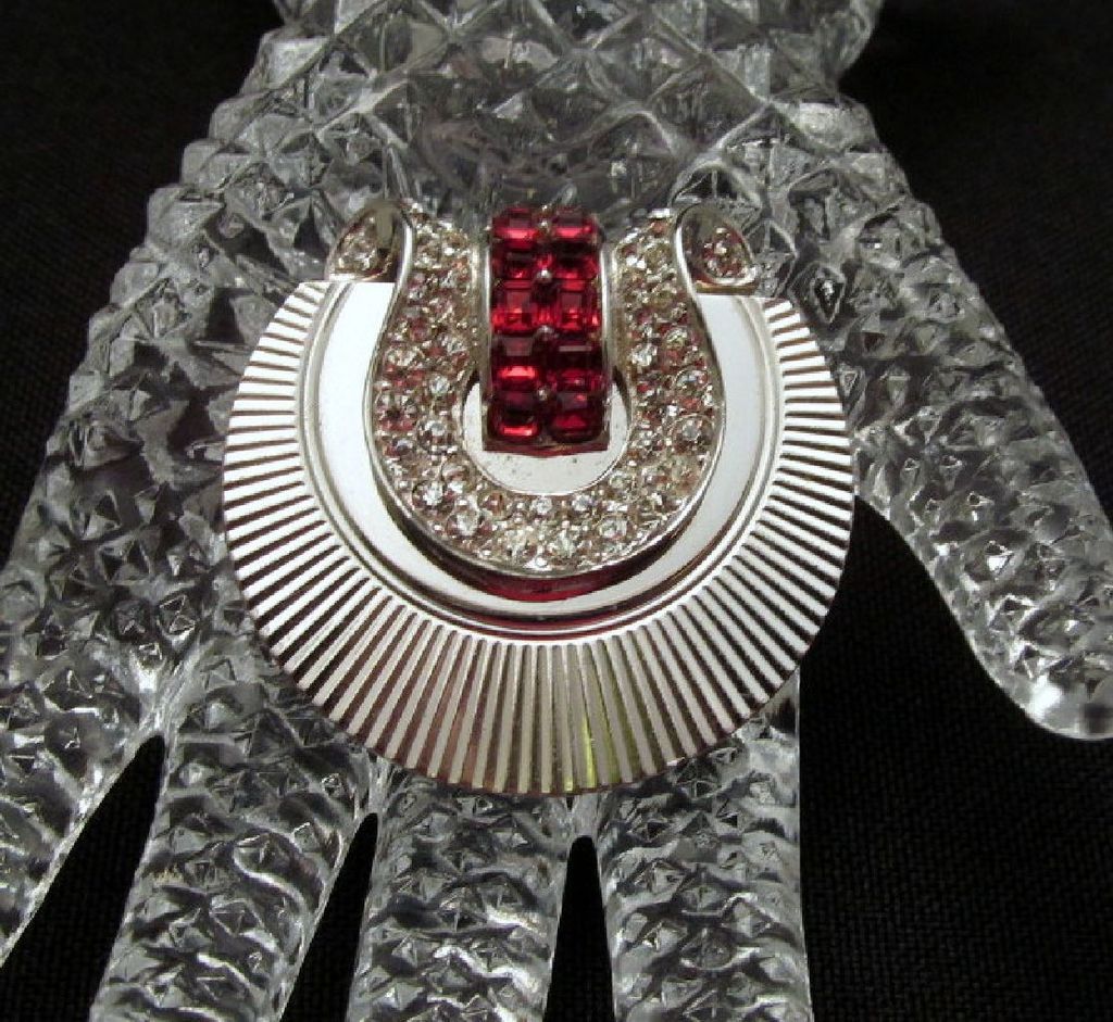 Ciro Rhodium Plated Fur Clip Earrings Red White Rhinestones Ciro Rhodium Plated Fur Clip Earrings Red White Rhinestones