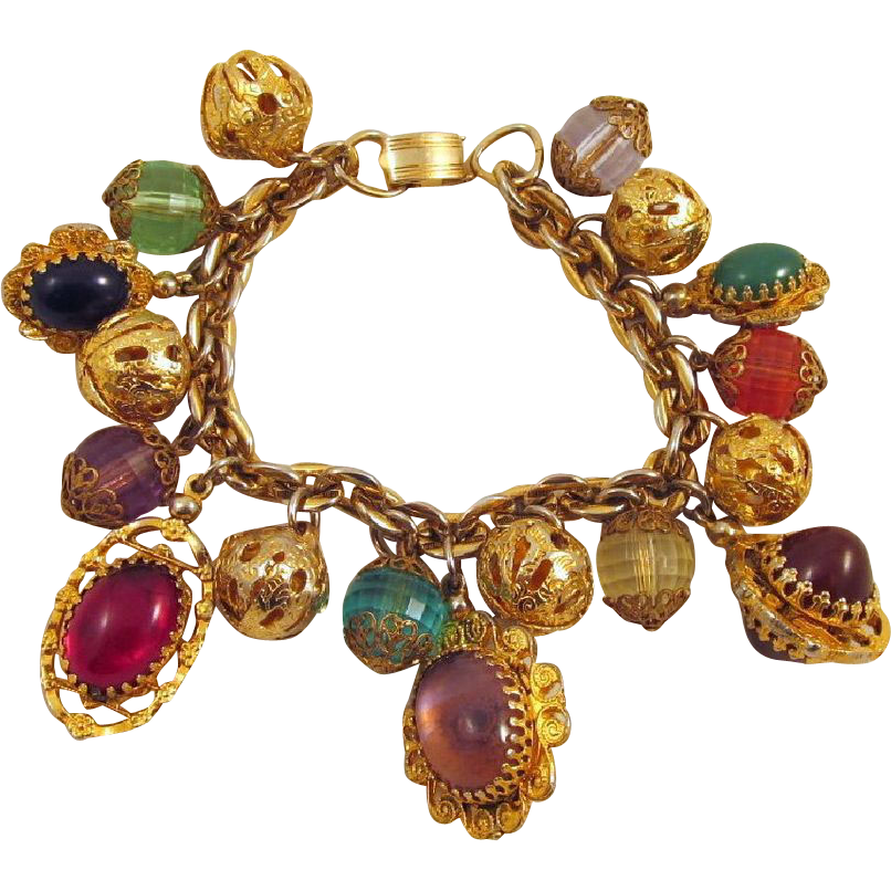 Chunky Multicolors Charm Bracelet Filigree Gold-tone Chunky Multicolors Charm Bracelet Filigree Gold-tone
