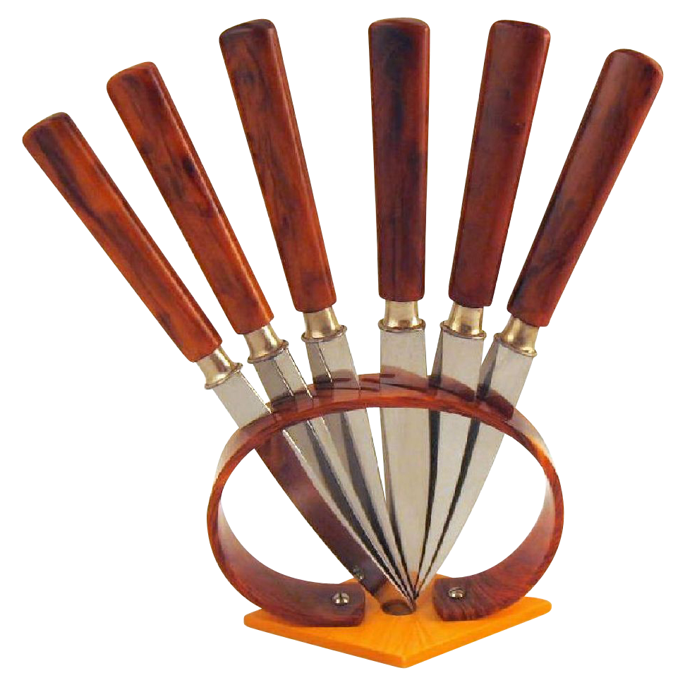 Bauhaus Germany Bakelite Art Deco Fruit Knives with Stand Bauhaus Germany Bakelite Art Deco Fruit Knives with Stand
