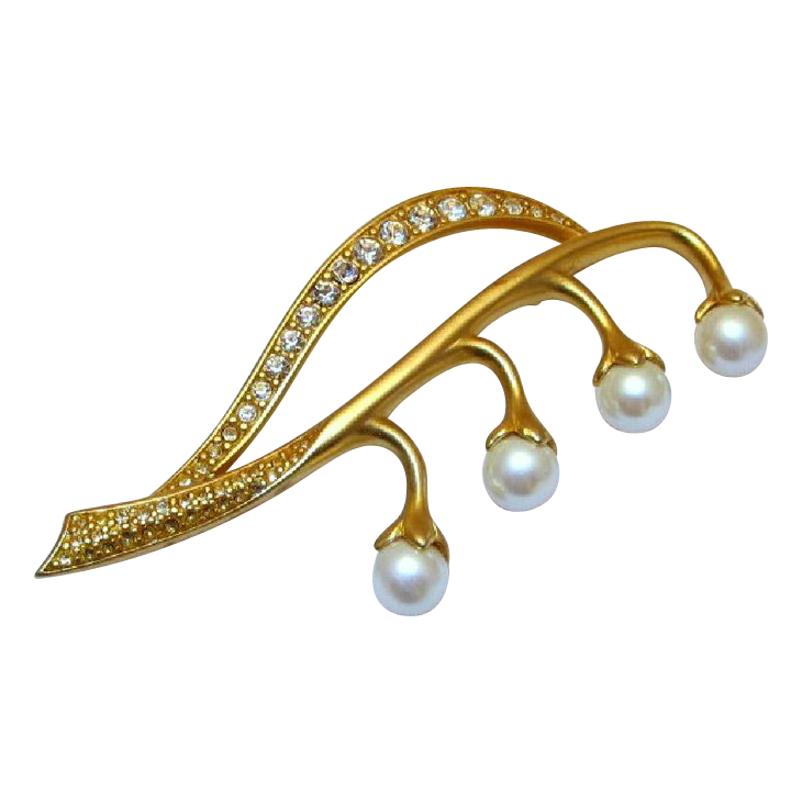 Signed Swarovski Lily of the Valley Faux Pearl Brooch Gold-tone Signed Swarovski Lily of the Valley Faux Pearl Brooch Gold-tone