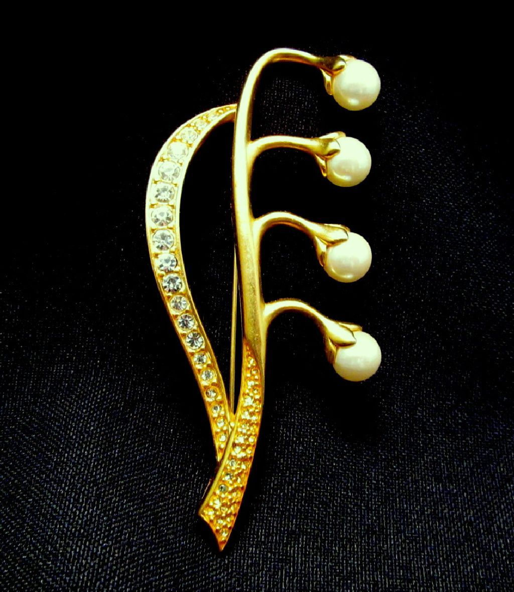 Signed Swarovski Lily of the Valley Faux Pearl Brooch Gold-tone Signed Swarovski Lily of the Valley Faux Pearl Brooch Gold-tone