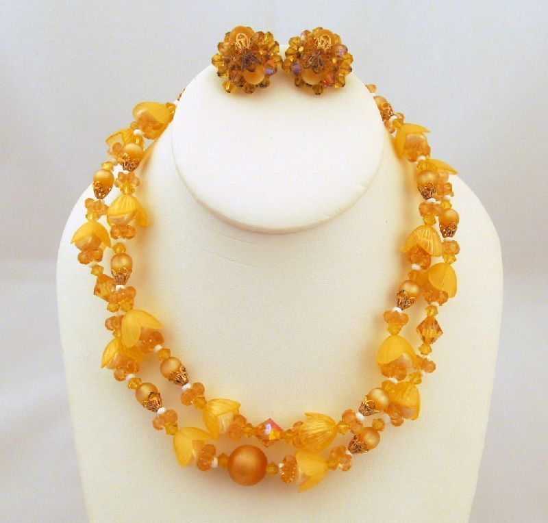 Amber Moonglow Lucite Crystal Tulip Beads 2 Strand Necklace Earrings Amber Moonglow Lucite Crystal Tulip Beads 2 Strand Necklace Earrings