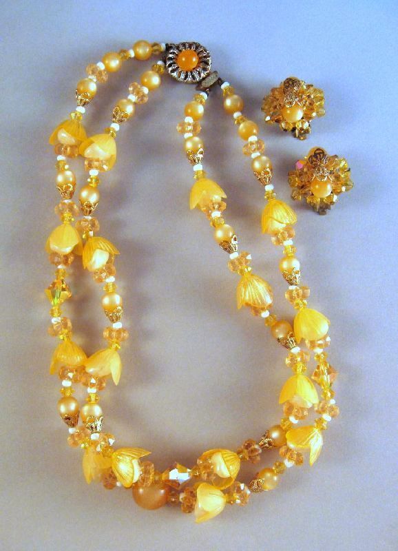 Amber Moonglow Lucite Crystal Tulip Beads 2 Strand Necklace Earrings Amber Moonglow Lucite Crystal Tulip Beads 2 Strand Necklace Earrings