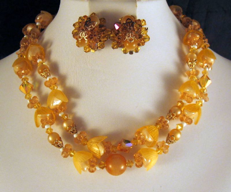 Amber Moonglow Lucite Crystal Tulip Beads 2 Strand Necklace Earrings Amber Moonglow Lucite Crystal Tulip Beads 2 Strand Necklace Earrings