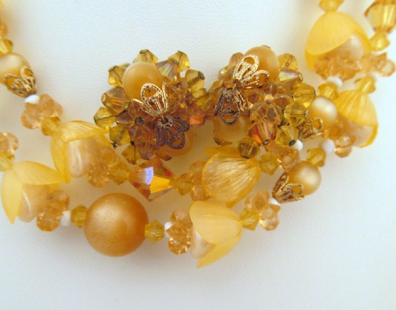 Amber Moonglow Lucite Crystal Tulip Beads 2 Strand Necklace Earrings Amber Moonglow Lucite Crystal Tulip Beads 2 Strand Necklace Earrings
