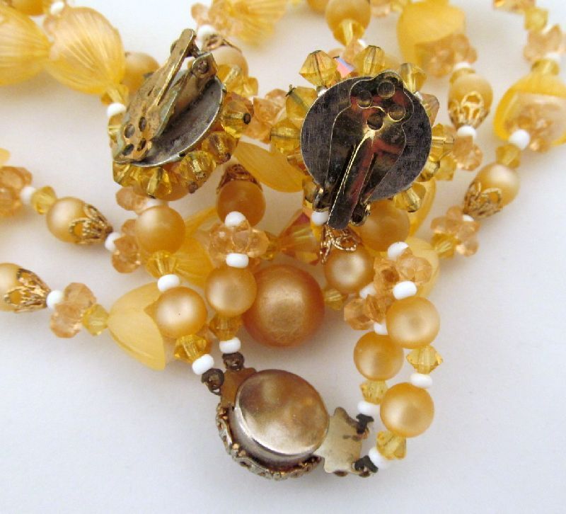 Amber Moonglow Lucite Crystal Tulip Beads 2 Strand Necklace Earrings Amber Moonglow Lucite Crystal Tulip Beads 2 Strand Necklace Earrings