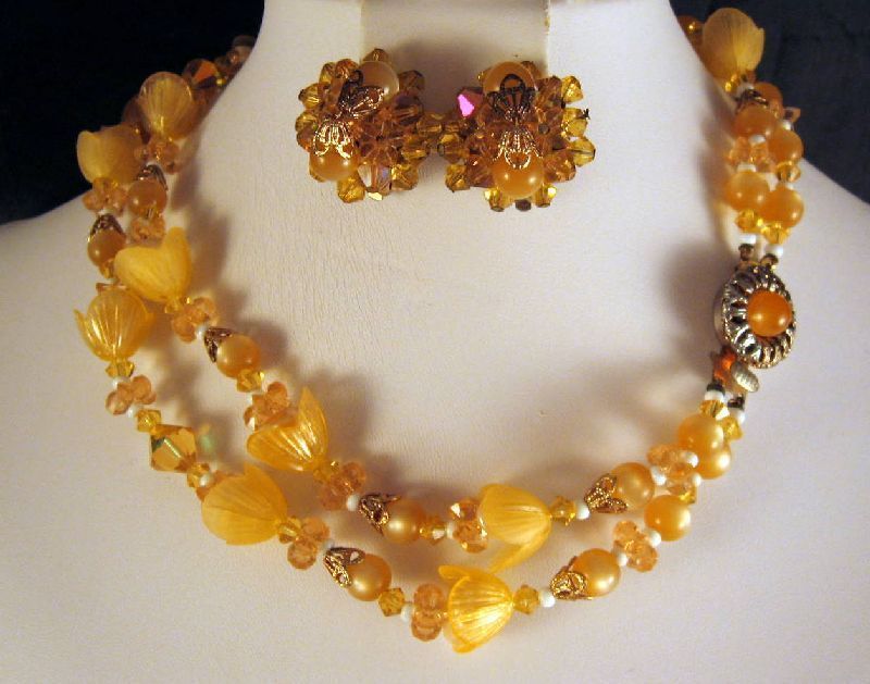 Amber Moonglow Lucite Crystal Tulip Beads 2 Strand Necklace Earrings Amber Moonglow Lucite Crystal Tulip Beads 2 Strand Necklace Earrings