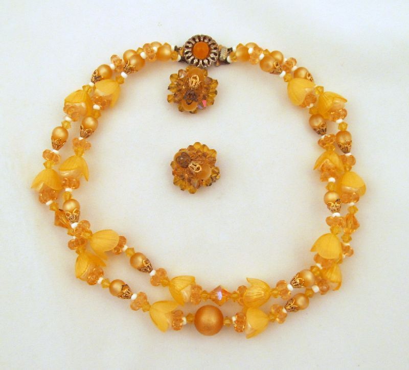 Amber Moonglow Lucite Crystal Tulip Beads 2 Strand Necklace Earrings Amber Moonglow Lucite Crystal Tulip Beads 2 Strand Necklace Earrings
