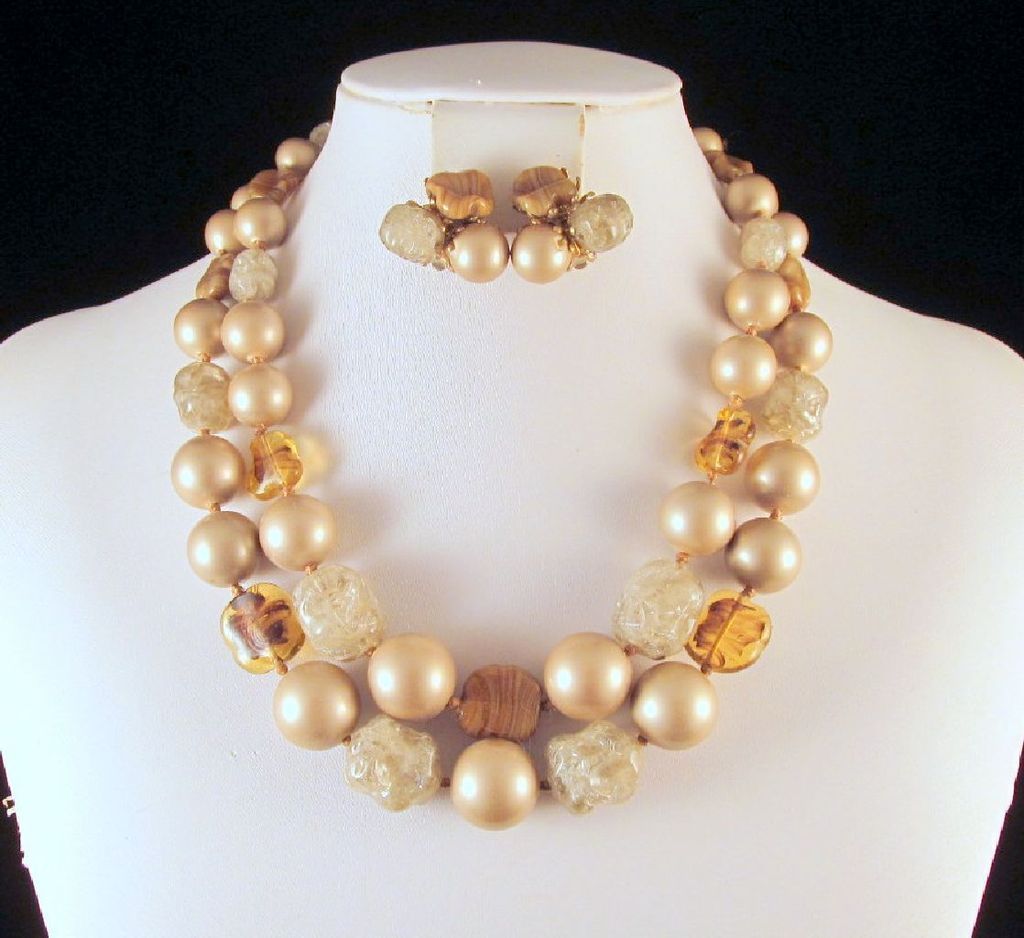 Vogue Swirled Art Glass Ice Cube Beads Faux Pearl Necklace Earrings Vogue Swirled Art Glass Ice Cube Beads Faux Pearl Necklace Earrings