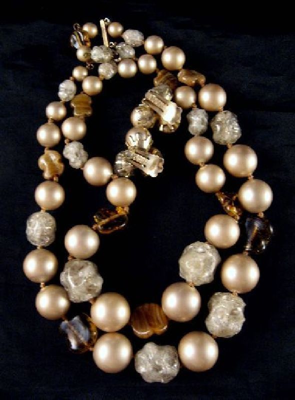 Vogue Swirled Art Glass Ice Cube Beads Faux Pearl Necklace Earrings Vogue Swirled Art Glass Ice Cube Beads Faux Pearl Necklace Earrings