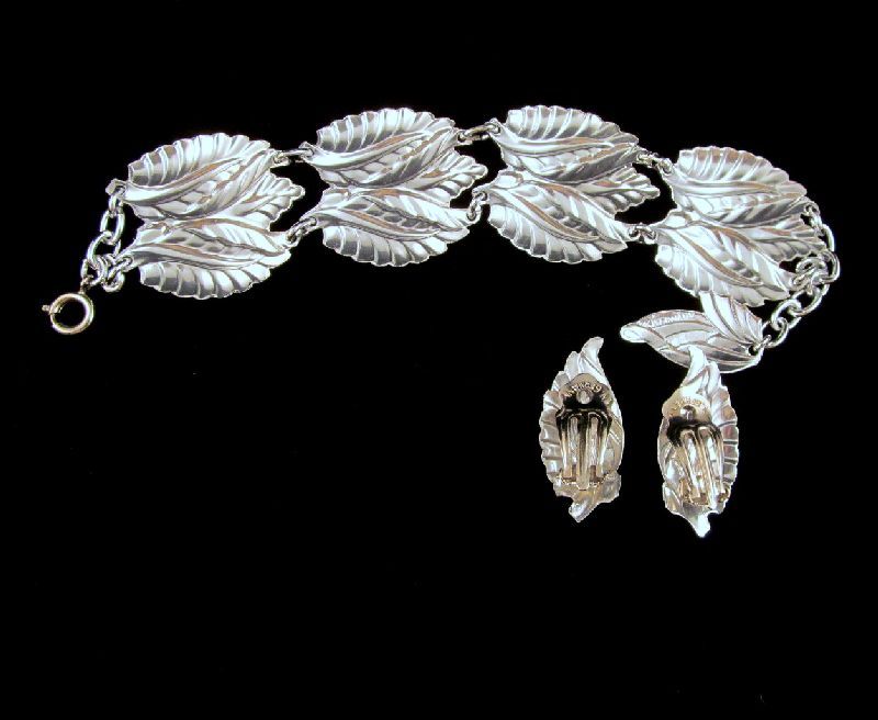 West Germany ELOXAL Aluminum Leaf Bracelet Earrings Silver-tone West Germany ELOXAL Aluminum Leaf Bracelet Earrings Silver-tone