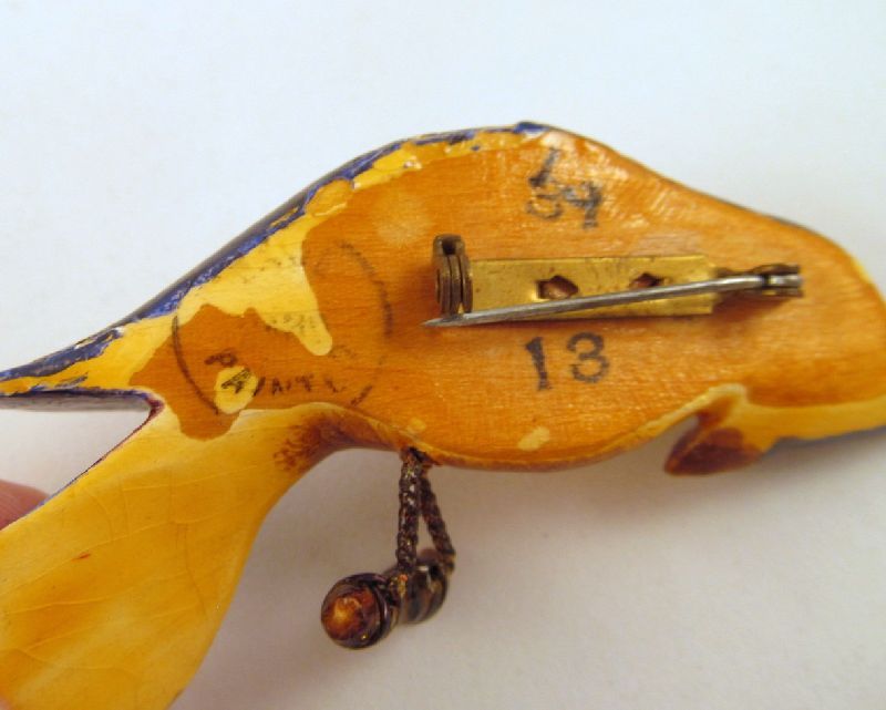 Hand Carved Painted 1940s Wooden Jay Bird Pin Huge 3 1/2" Long Hand Carved Painted 1940s Wooden Jay Bird Pin Huge 3 1/2" Long