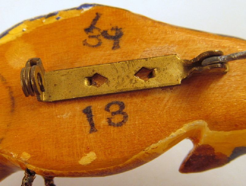 Hand Carved Painted 1940s Wooden Jay Bird Pin Huge 3 1/2" Long Hand Carved Painted 1940s Wooden Jay Bird Pin Huge 3 1/2" Long