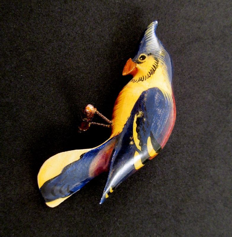 Hand Carved Painted 1940s Wooden Jay Bird Pin Huge 3 1/2" Long Hand Carved Painted 1940s Wooden Jay Bird Pin Huge 3 1/2" Long