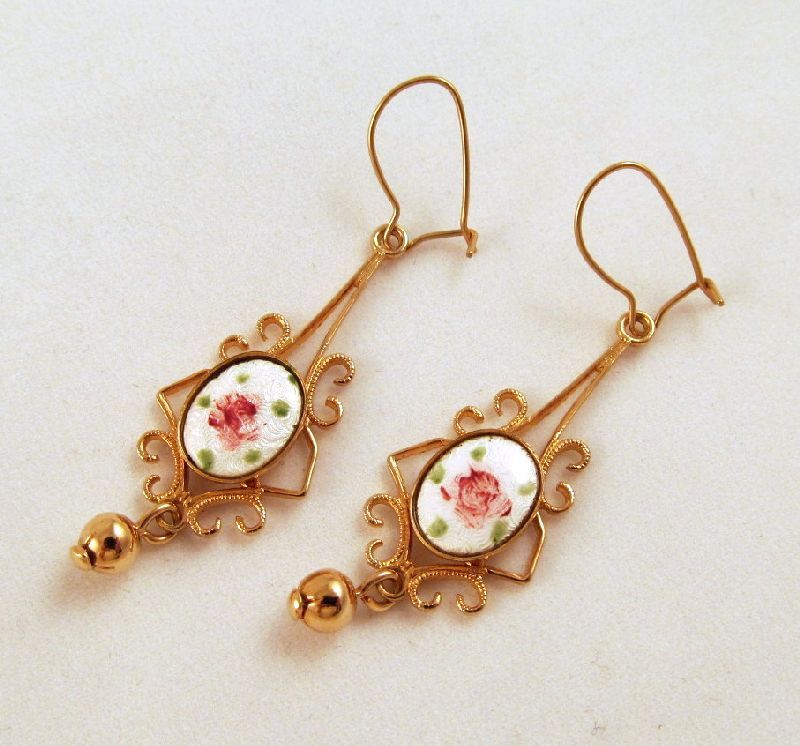 Guilloche Pink Roses Enameled Pierced Earrings Gold-tone Guilloche Pink Roses Enameled Pierced Earrings Gold-tone