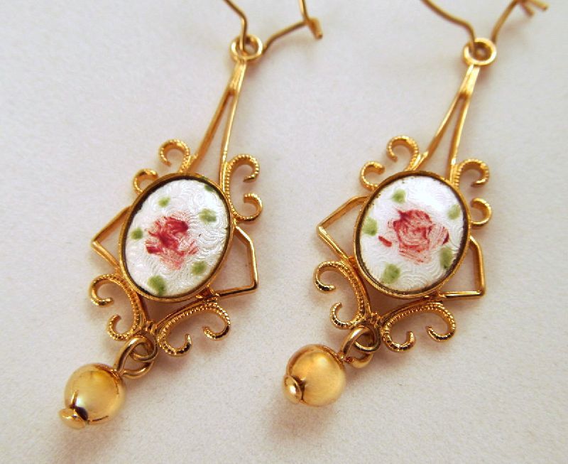 Guilloche Pink Roses Enameled Pierced Earrings Gold-tone Guilloche Pink Roses Enameled Pierced Earrings Gold-tone