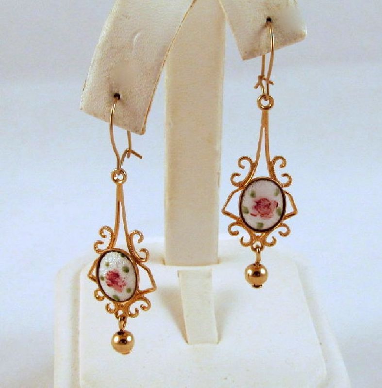 Guilloche Pink Roses Enameled Pierced Earrings Gold-tone Guilloche Pink Roses Enameled Pierced Earrings Gold-tone