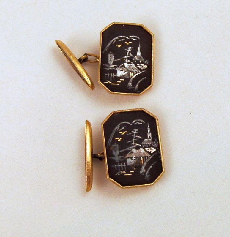 Amita Damascene Double Sided Cufflinks Japan Signed Amita Damascene Double Sided Cufflinks Japan Signed