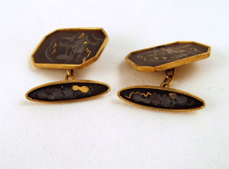 Amita Damascene Double Sided Cufflinks Japan Signed Amita Damascene Double Sided Cufflinks Japan Signed