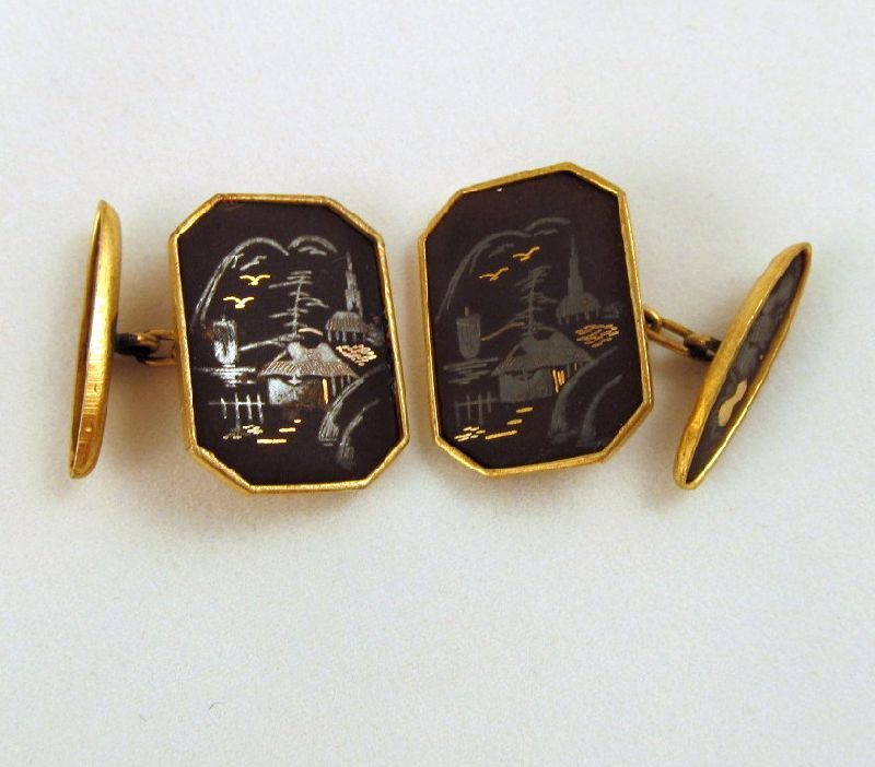 Amita Damascene Double Sided Cufflinks Japan Signed Amita Damascene Double Sided Cufflinks Japan Signed