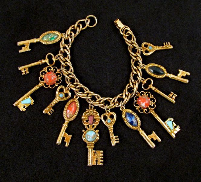 Skeleton Keys Victorian Revival Charm Bracelet Plastic Cabochons 12 Charms Skeleton Keys Victorian Revival Charm Bracelet Plastic Cabochons 12 Charms
