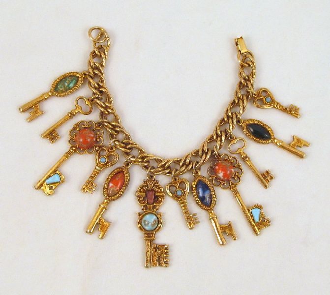 Skeleton Keys Victorian Revival Charm Bracelet Plastic Cabochons 12 Charms Skeleton Keys Victorian Revival Charm Bracelet Plastic Cabochons 12 Charms