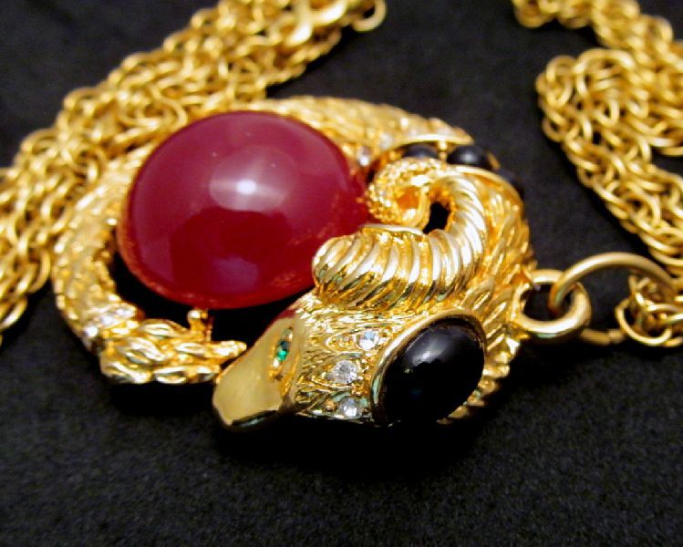Signed Craft Ram's Head Pendant Lucite Rhinestones Gold-tone Signed Craft Ram's Head Pendant Lucite Rhinestones Gold-tone