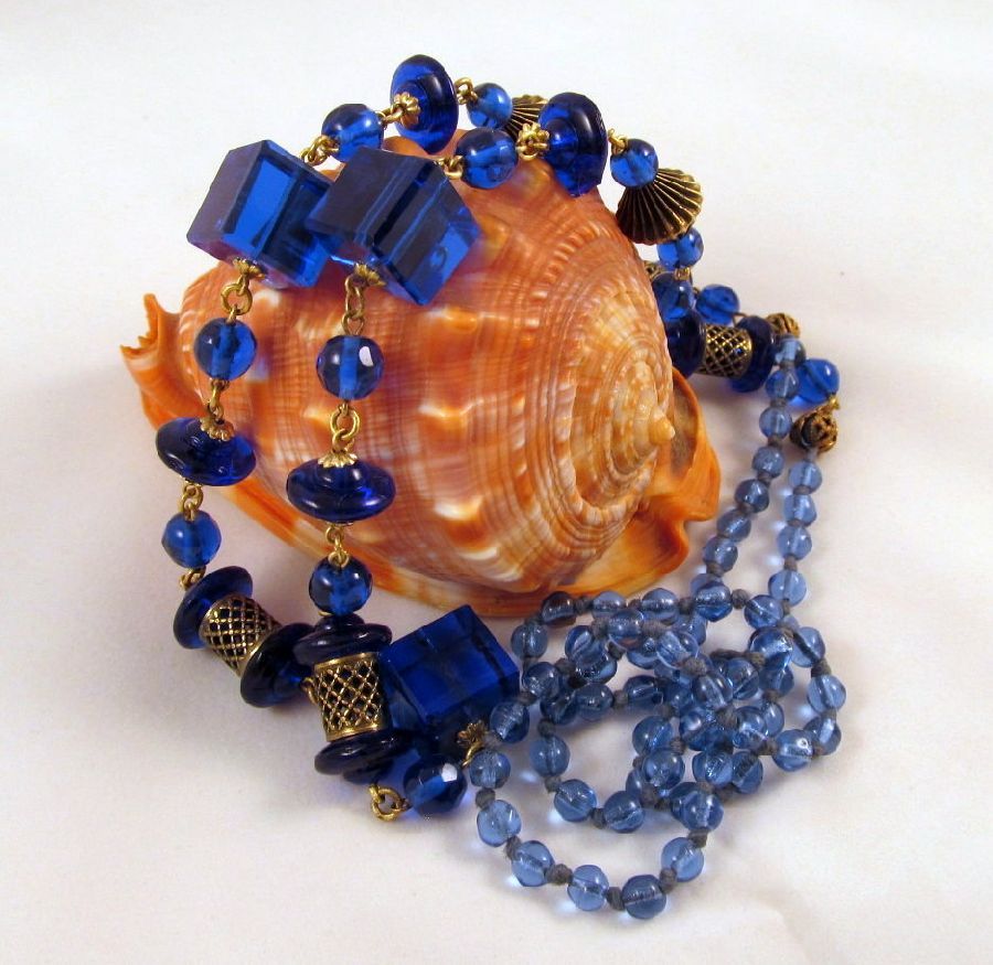 Czech Blue Glass Saucer Bead Filigree Tubes Art Deco Necklace Czech Blue Glass Saucer Bead Filigree Tubes Art Deco Necklace