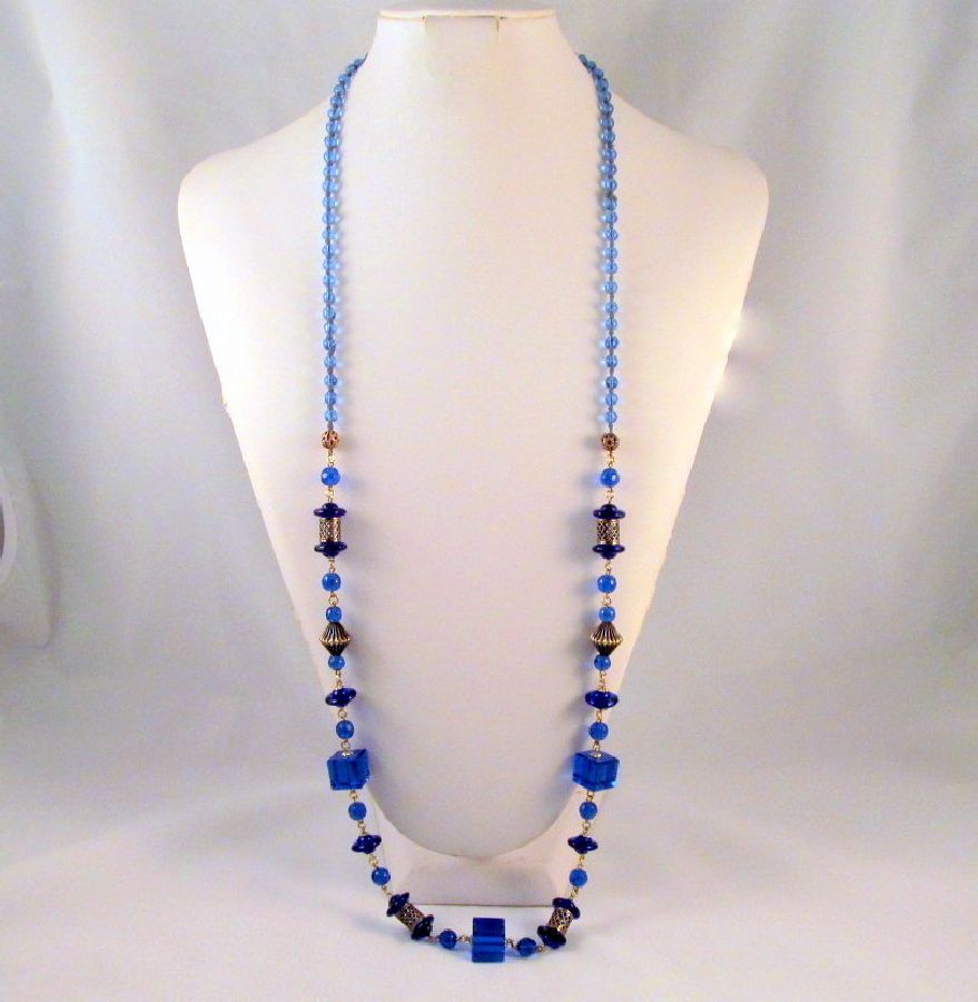 Czech Blue Glass Saucer Bead Filigree Tubes Art Deco Necklace Czech Blue Glass Saucer Bead Filigree Tubes Art Deco Necklace