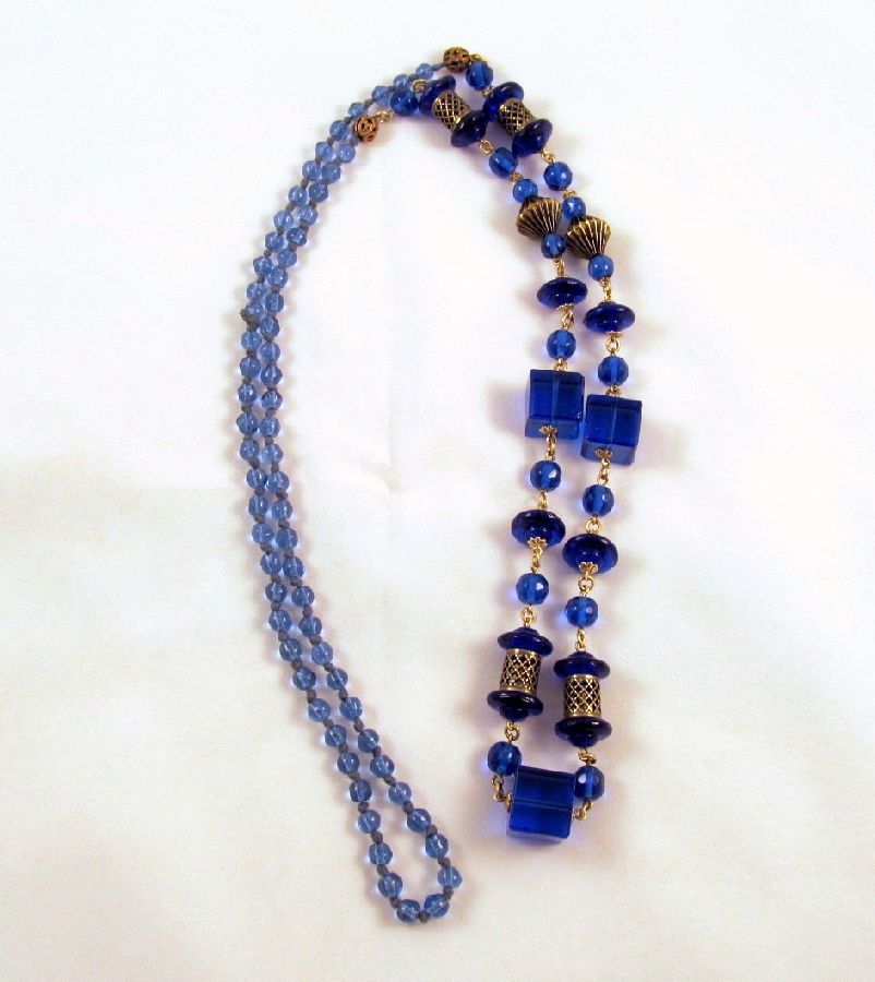 Czech Blue Glass Saucer Bead Filigree Tubes Art Deco Necklace Czech Blue Glass Saucer Bead Filigree Tubes Art Deco Necklace