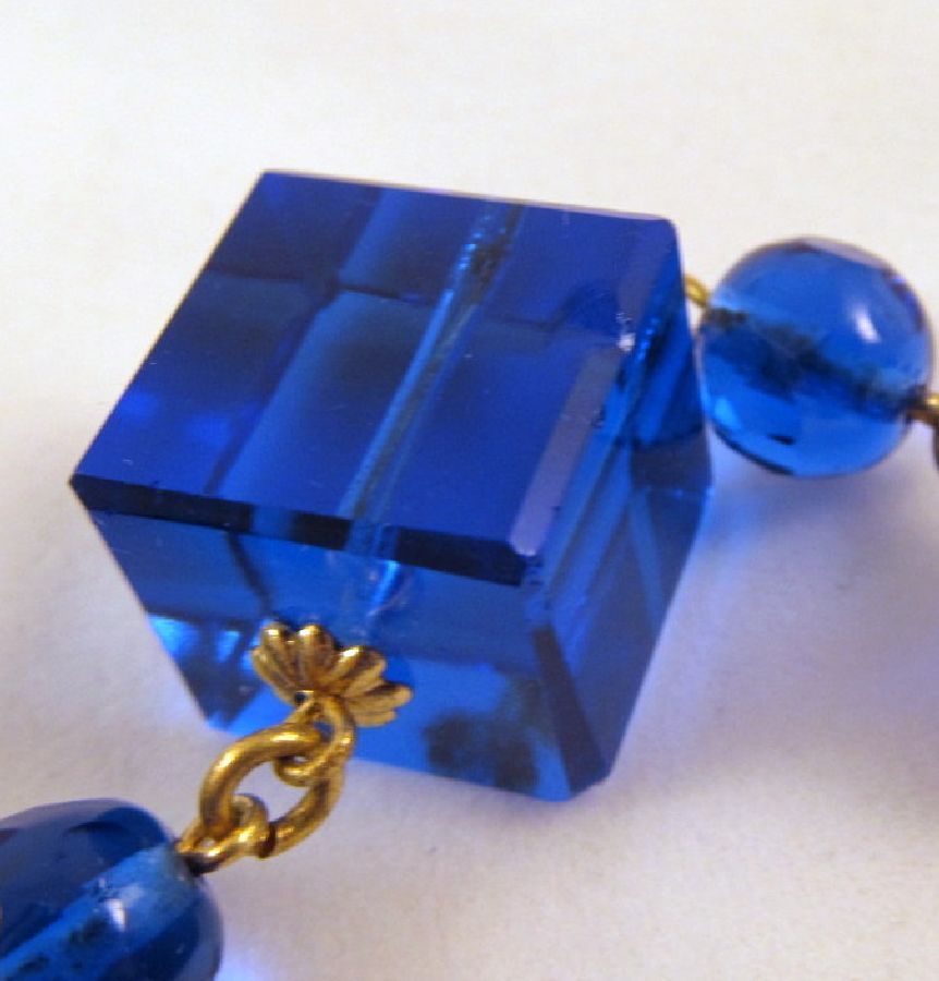 Czech Blue Glass Saucer Bead Filigree Tubes Art Deco Necklace Czech Blue Glass Saucer Bead Filigree Tubes Art Deco Necklace