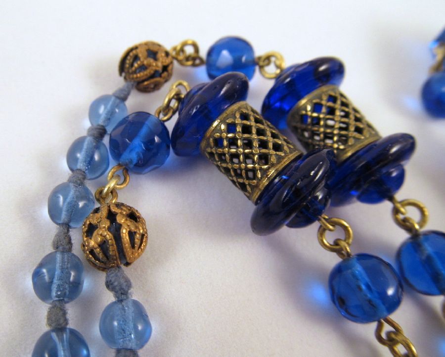 Czech Blue Glass Saucer Bead Filigree Tubes Art Deco Necklace Czech Blue Glass Saucer Bead Filigree Tubes Art Deco Necklace