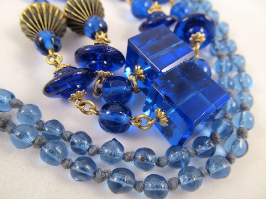 Czech Blue Glass Saucer Bead Filigree Tubes Art Deco Necklace Czech Blue Glass Saucer Bead Filigree Tubes Art Deco Necklace
