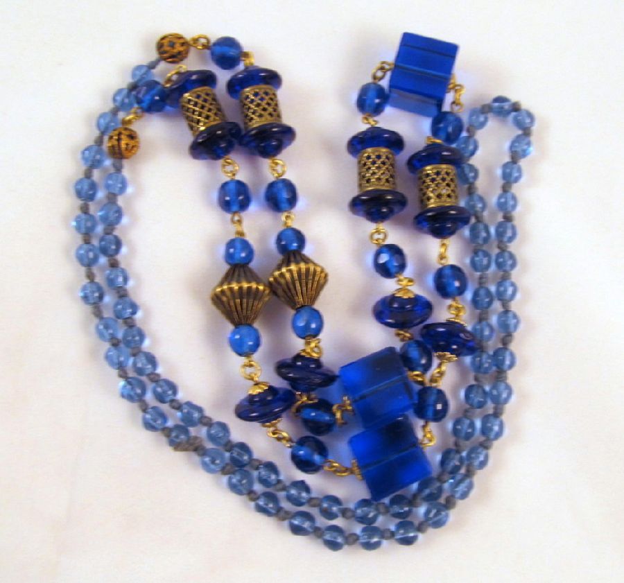 Czech Blue Glass Saucer Bead Filigree Tubes Art Deco Necklace Czech Blue Glass Saucer Bead Filigree Tubes Art Deco Necklace