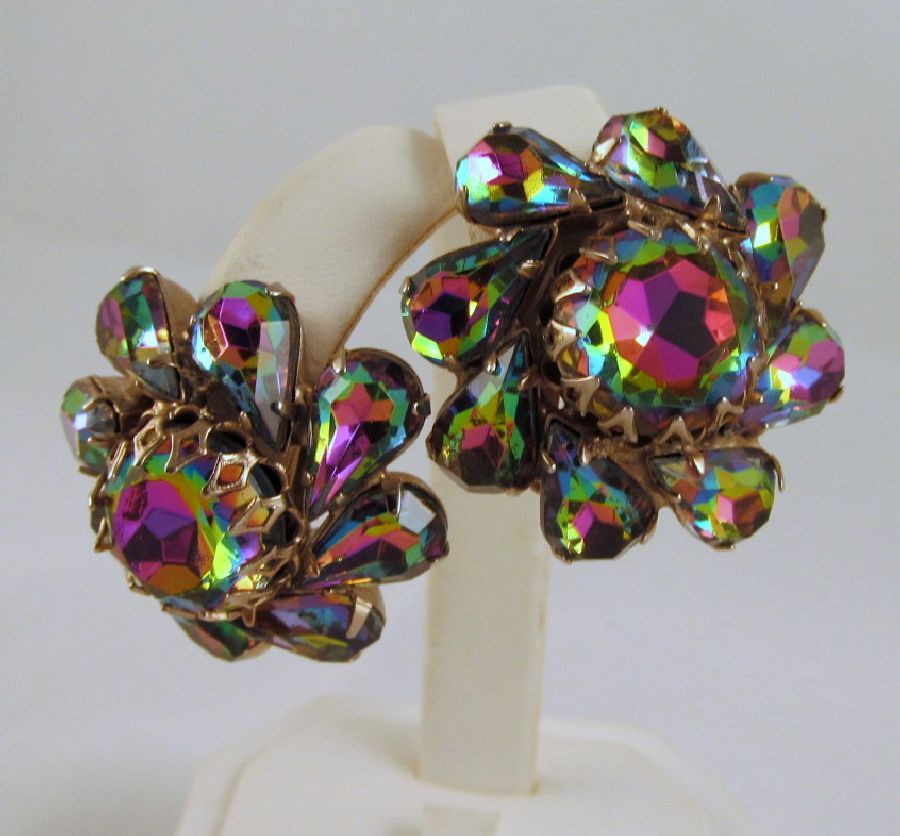 Volcano Watermelon Rhinestone Earrings Fuchsia Green Blue Gold-tone Volcano Watermelon Rhinestone Earrings Fuchsia Green Blue Gold-tone