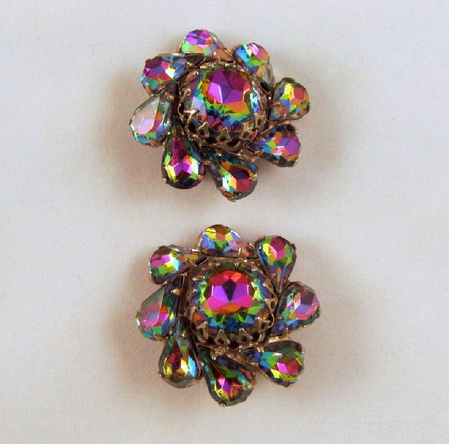 Volcano Watermelon Rhinestone Earrings Fuchsia Green Blue Gold-tone Volcano Watermelon Rhinestone Earrings Fuchsia Green Blue Gold-tone