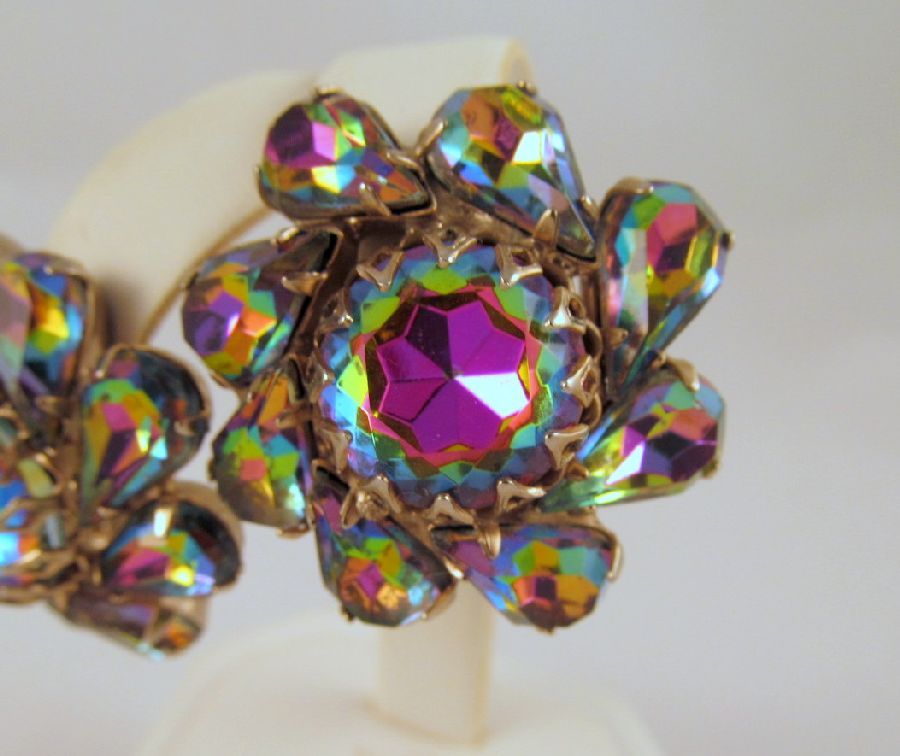 Volcano Watermelon Rhinestone Earrings Fuchsia Green Blue Gold-tone Volcano Watermelon Rhinestone Earrings Fuchsia Green Blue Gold-tone